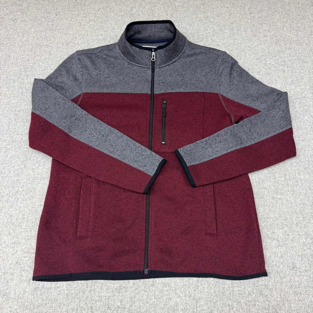Club Room Fleece Jacket Size Medium Burgundy Gray Colorblock Full Zip Mock Neck